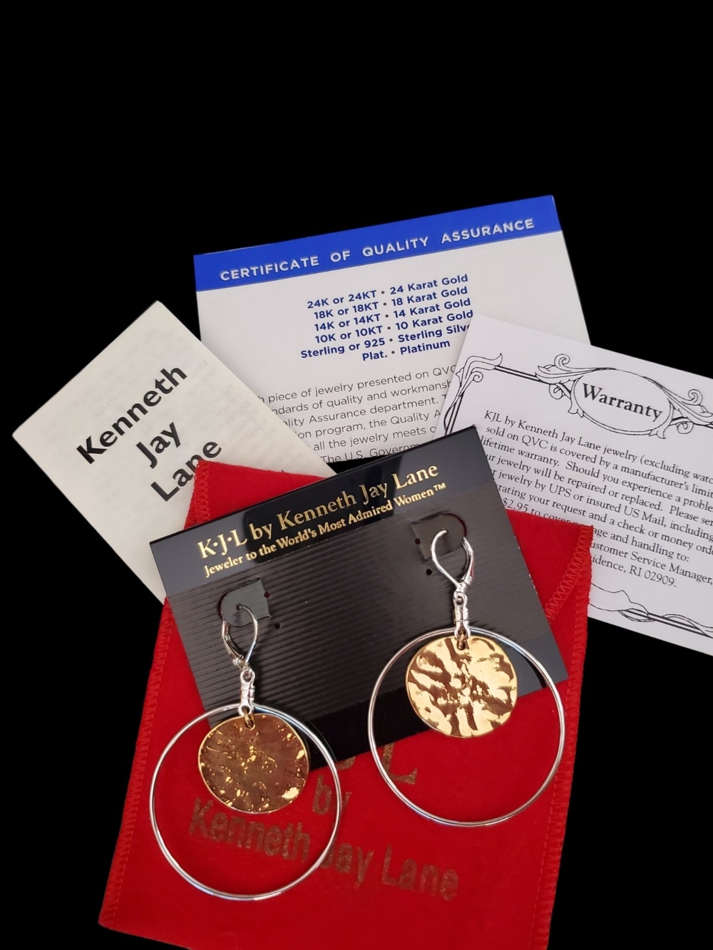 KJL Kenneth Jay Lane Mixed Metal Silver Hoop Gold Hammered Disc Earrings NIB